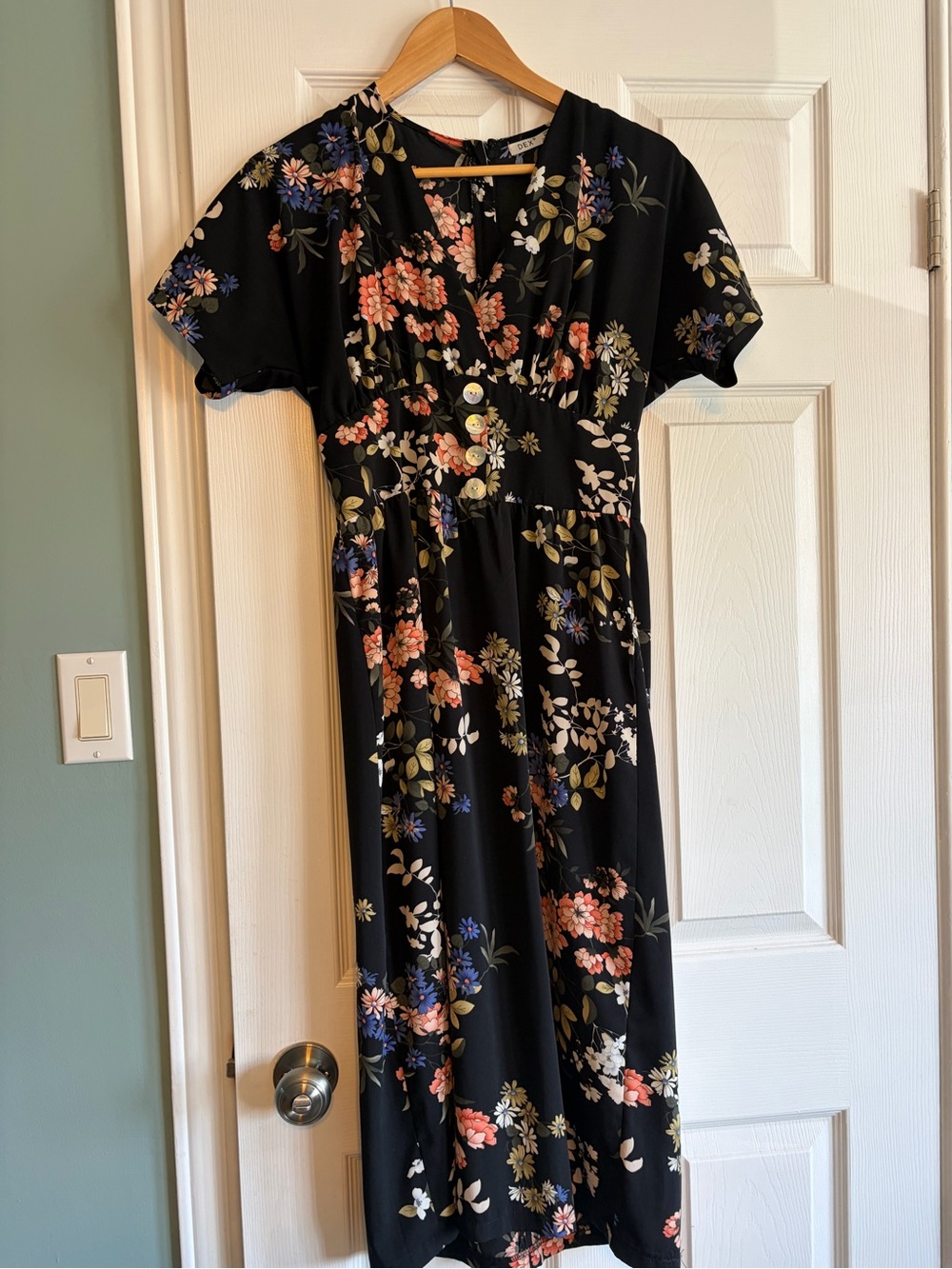 Dex Black Floral Midi Dress with Coral and Cream Blooms